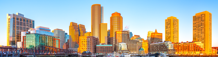 View on Boston city center at sunrise in winter